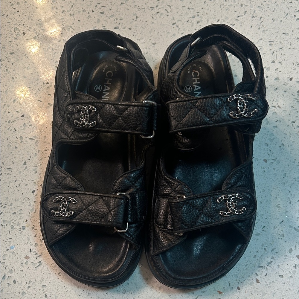 CHANEL Dad Black Leather Sandals
